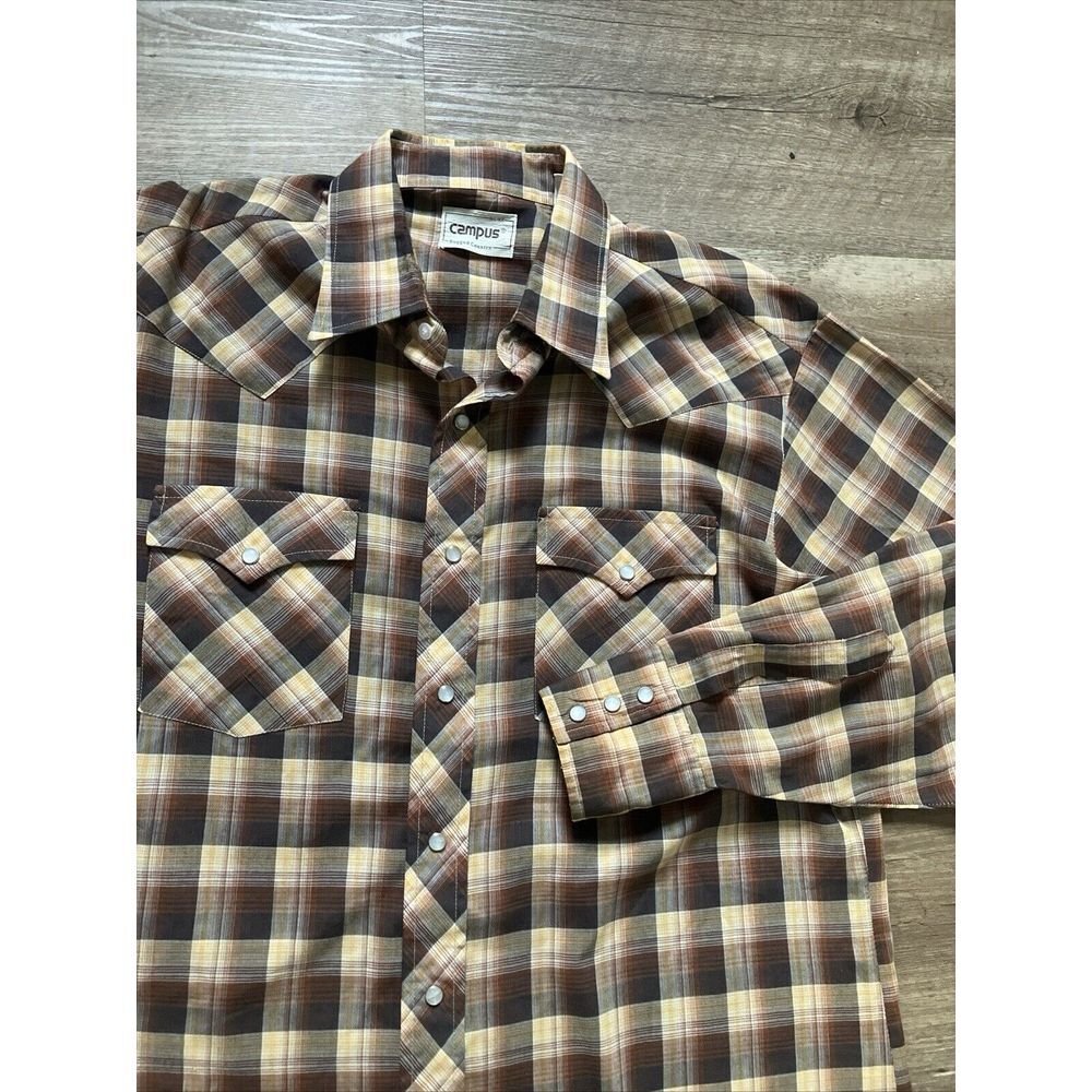 Vintage Campus Rugged Country Mens Brown Plaid Pearl Snap Western Shirt‎ Large